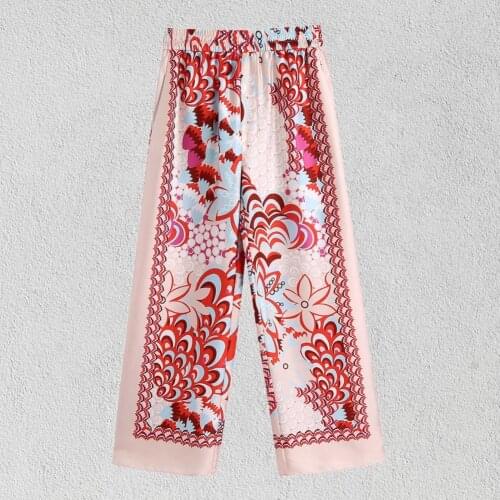 2021 Autumn Womens Streetwear Casual Floral Print Sweatpants Elastic Waist Vintage Baggy Straight Trousers Mom Wide Leg Pants