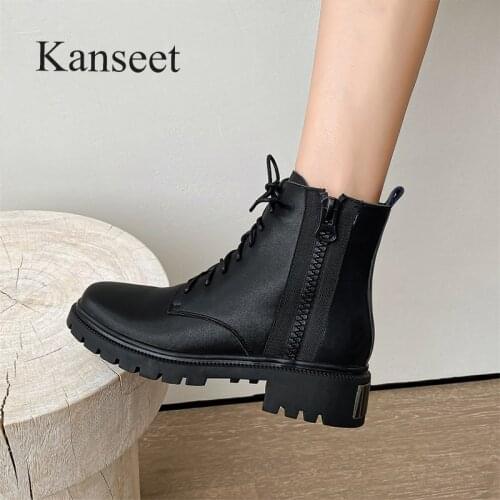Kanseet Winter Genuine Leather Shoes Ankle Boots Zipper Martin Boots Women Black Round Toe Short Plush Short Boots Large Size 42