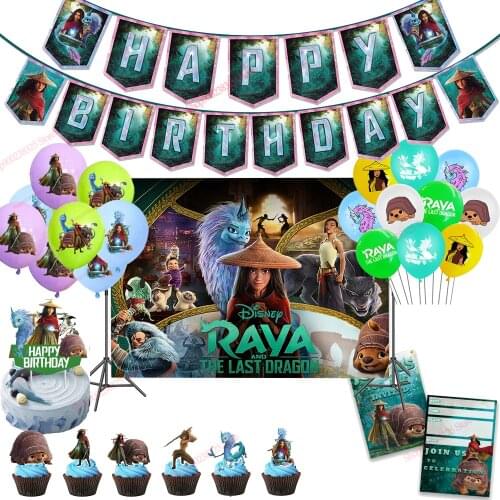 Disney Kids Party Supplies Raya The Last Dragon Birthday Decorative Balloon Backdrop Banner Topper Tuk Children Party Set Decor