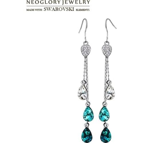 Neoglory Austria Rhinestone & Crystal Long Drop Earrings Water Drop Style Blue Elegant Beads For Trendy Party Girl Classic Gift