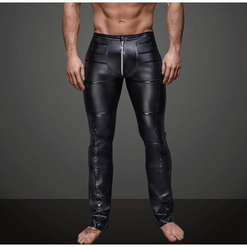 Sexy Men Faux Leather Open Crotch Erotic Latex Pants PVC Nightclub Men zipper Pole Dance Trousers Gothic Punk Fetish Club Wear