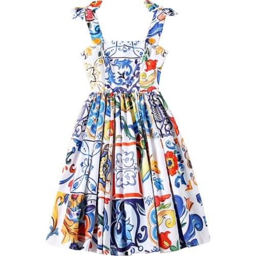 Europe designer Runway dress womens 2019 Summer high quality spaghetti strap floral print dress vestidos