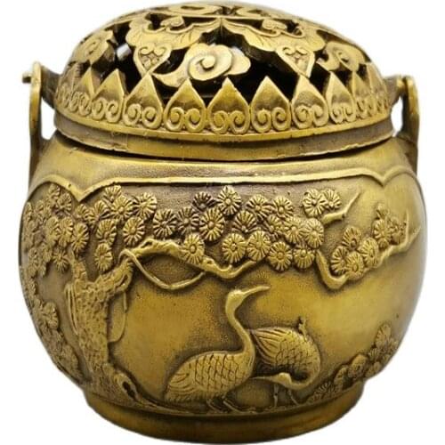 Chinese Old Bronze Statue Brass Portable Incense Burner With Handle