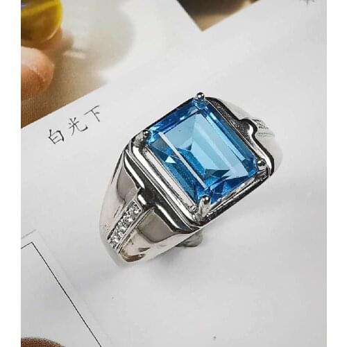 Fashion Square Blue Crystal Topaz Gemstones Diamonds Mens Finger Rings White Gold Silver Color Jewelry Cool Accessories Gifts