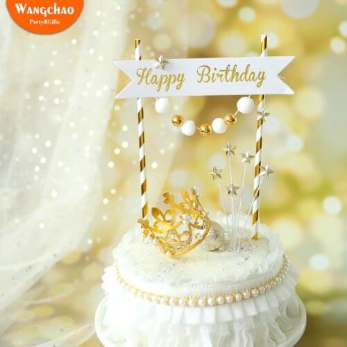 Royal Style Platinum Banner Flag Gold Ball Star Happy Birthday Cake Topper Love Crown Decorations Party Supplies Kids Favors