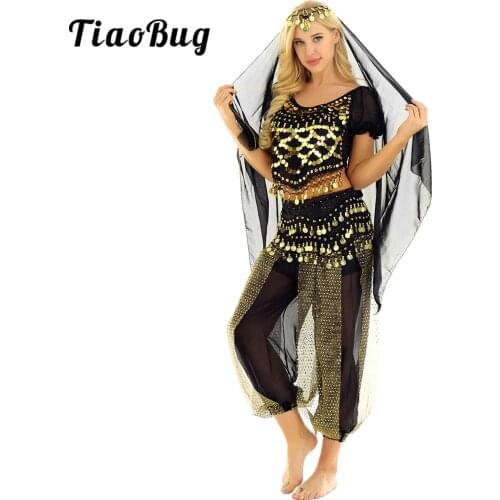 4Pcs Belly Dance Outfit Set Womens Girls Halloween Indian Performence Skirt Face Veil Shiny Top Trousers Suits