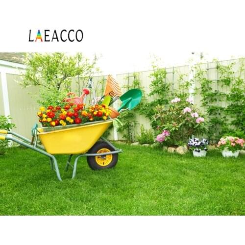 Laeacco Green Spring Wheel Barrow Garden Tools Grass Flower Scenic Photo Backdrop Photography Backgrounds Photocall Photo Studio