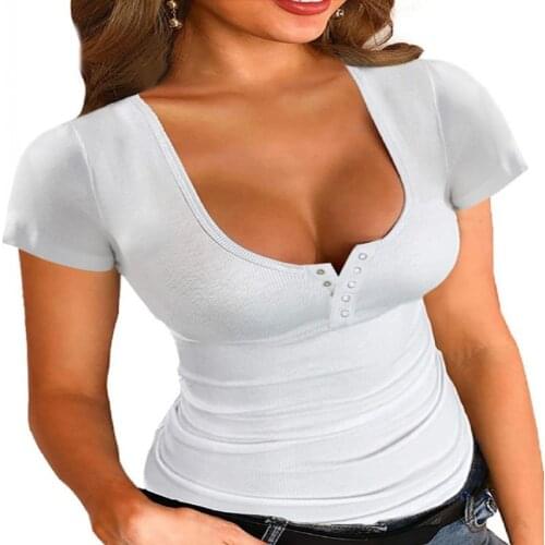 2021 Summer New Womens Fashion Solid Color Casual T-Shirt U-Neck Turtleneck Tight Short-Sleeved Top