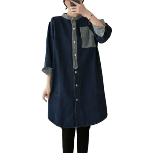 Autumn Fashion Denim Windbreaker Jackets Womens Loose Plus Size Patch Stitching 2021 Cardigan Long Blue Nine Quarter Clothes