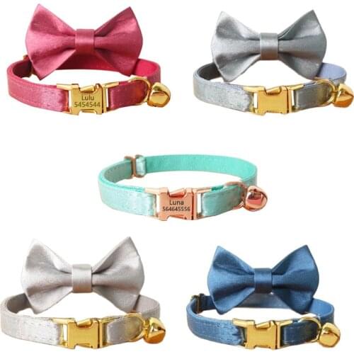 Personalized Cat Collar with Bell Necklace Fabric Satin Soft Collar for Cats Kitten Engraving ID Tag Nameplate Small Dogs Puppy