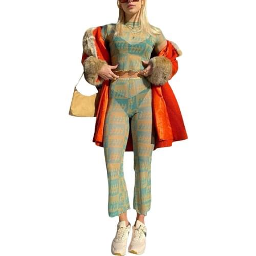 Sexy 2Pcs Womens Suit Summer transparent Tracksuit Plaid Mock-Neck Short Sleeves Slim T-Shirt High-Waist Flared Pants for Girls