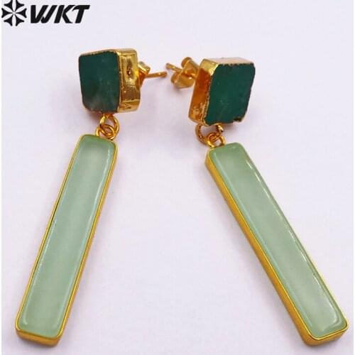 WT-E420 Wholesale Custom New Arrived Natural Chrysoprase Stone Green Long Earrings With Gold Trim Earrings for Women Gift