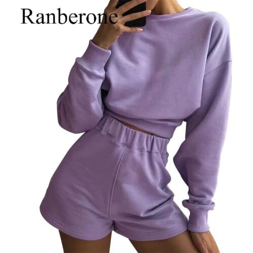 Ranberone Sport Suit Female Solid Long Sleeve Oversize Hoodies Elastic Waist Sweatpants Shorts Ladies 2 Piece Outfit Tracksuits