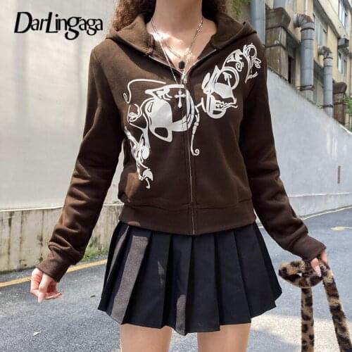 Darlingaga Harajuku Vintage Brown Printed Zip Up Hoodie Cute Grunge Fairycore Autumn Hoodies Women Cropped Jacket Aesthetic Coat
