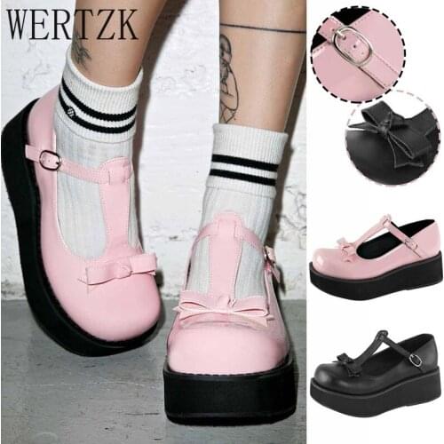 Lolita Shoes Pu Leather Mary Janes Shoes 2021 Vintage Bowknot Women Platform Wedges Shoes Buckle Girls Thick Sole Ladies Shoes