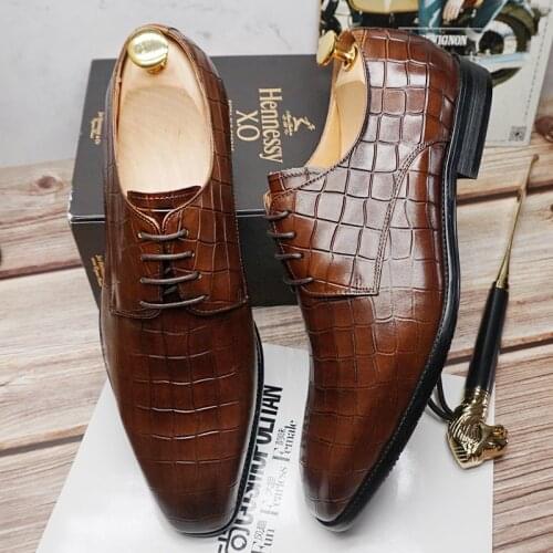 Italian Men Derby Shoes Genuine Leather Lace Up Crocodile Print Black Brown Shoes Dress Office Business Wedding Formal Shoes Men
