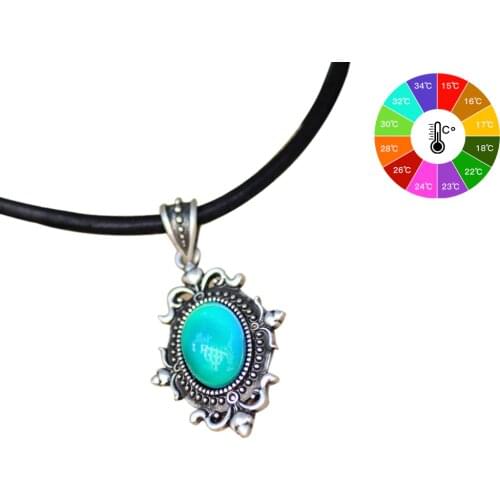 Vintage Design In Real Antique Plating Mood Pendant Calf Leather Rope Mood Color Changing Necklace Silver MJ-SNK001