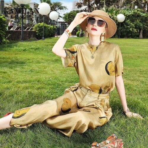 2021 New Fashion sShort Sleeve Printing Top Two Piece Set Women Silk Like Wide Leg Pants Beach Outfits Summer Dress Joskaa