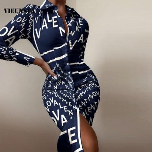 Women Letter Printed Button Shirt Dress Spring Turn-down Collar Slim Long Party Dress 2021 Autumn Long Sleeve Split Maxi Dresses