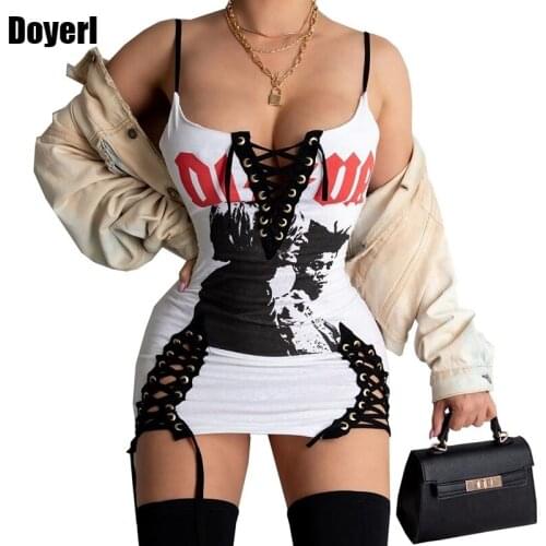 Sexy Club Summer Dress Women 2020 Spaghetti Strap Lace Up Rock Print Grunge Gothic Dresses Streetwear Bodycon Party Mini Dress