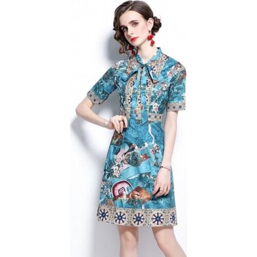 2021 Summer Runway Designer Bow Neck Pleated Dress Women Short Sleeve Floral Print Vintage Female Elegant Midi Dress