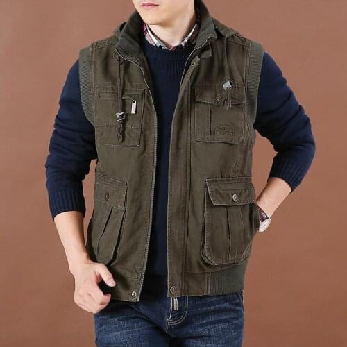 2021 New Autumn Mens Solid Color Casual Loose Vest Mens Multi Bag Work Clothes Vest Fashion Washed Cotton Mens Coat