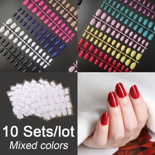 10 Sets Mixed Color Press On False Nail Tips With Nail Adhesives Full Cover Short Length 12 Pieces/Set Round Oval Shape