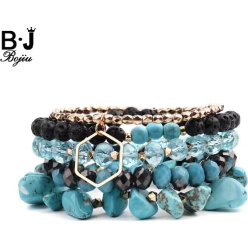 5 Pcs/Set Boho Womens Charm Bracelets Jewelry Natural Stone Turquoises Black Lava Rock Faceted Crystal Bracelets Femme BCSET274