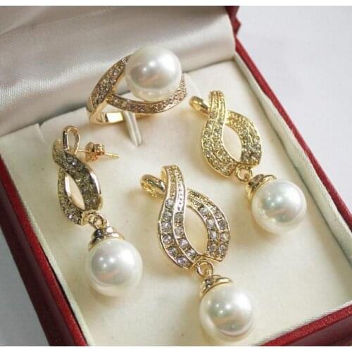 Free Shipping Hot! perfect match new jewelry + 12mm white shell pearl pendant, earring, , ring set