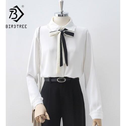 Autumn Women White Shirt Vintage Long Sleeve Chiffon Blouse Turn-Down Collar Elegant Office Wear Fall Spring Bow Tie Tops T16706