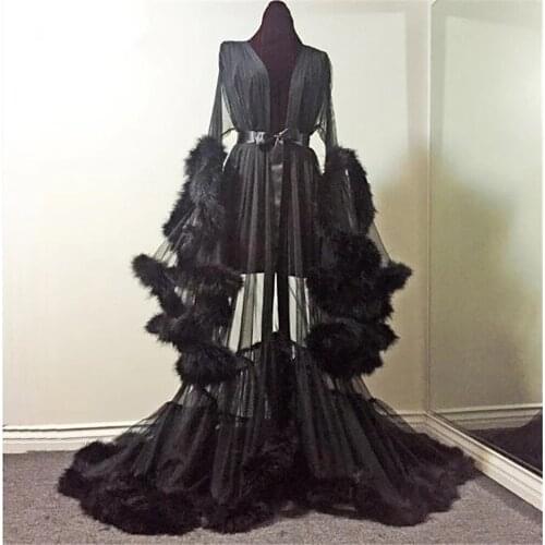 Black Muslim Evening Dresses A-line Deep V-neck Long Sleeves Tulle Feather African Dubai Saudi Arabic Long Evening Gown