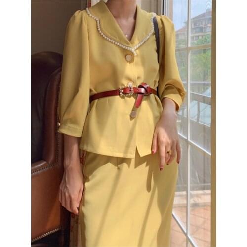 French Style Vintage 2 Piece Sets Vintage Women Suit Pearl Notched Sashes Blazer+ Skirt Elegant Office Lady Chic Suits
