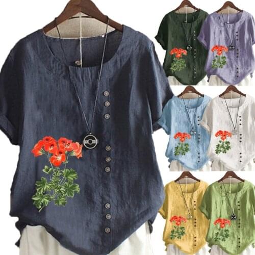 Summer Vintage Women Print Loose T-shirts Cotton and Linen O-Neck Plus Size Casual Short Sleeve Blouse Tops S-5XL