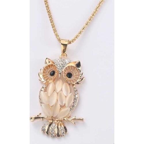 Fashion Shiny Opal Owl Crystal Rhinestone Glamorous Necklace Pendant Long Chain Fashion Jewelry Gift for Women