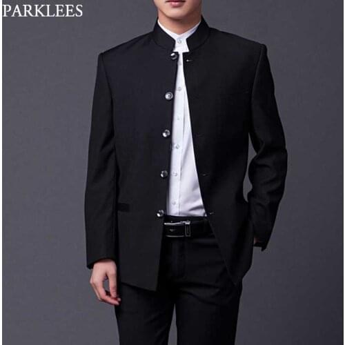 Mens Classic Mandarin Collar Black Suit Slim Fit Groomsmen Formal Business Wedding Tuxedo 2 Piece(Jacket+Pant)Costume Homme 4XL