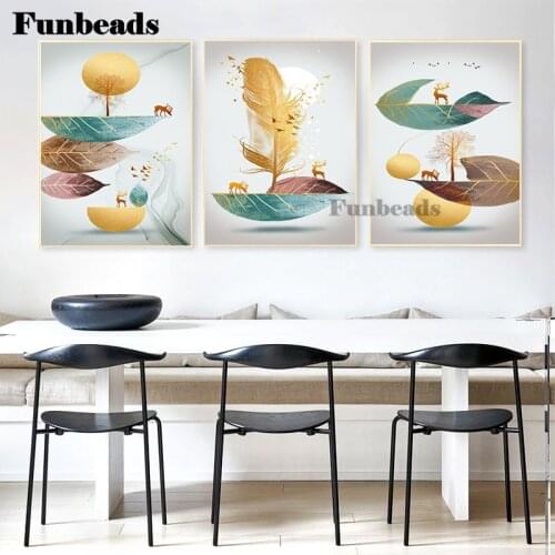 3-piece, modern abstract art golden deer green leaf diamond painting kit is fully decor with diamond embroidery paintings FF814