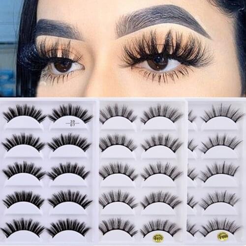 3D False Eyelashes 5 Pairs Imitation Mink Hair Handmade Natural Long Soft Wispies Fluffies Series Black Eyelashes Cruelty Free