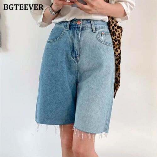 BGTEEVER Casual Streetwear High Waist Tassels Pockets Women Denim Shorts 2021 Summer Hit Colors Ladies Straight Jeans Shorts