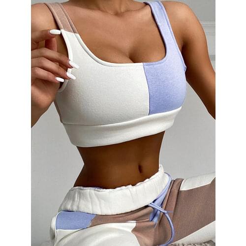 Glamaker Patchwork casual tracksuits pants suit Women sportwear sleeveless crop top and trousers Fashion autumn chic co ord set