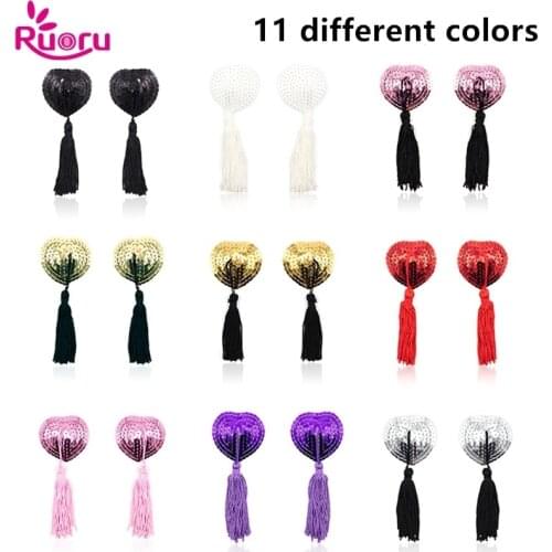 Ruoru 1 Pair Sexy Sequin Nipple Covers with Tassels Women Lingerie Heart Shape Nipple Stickers Pasties Wholesale Chest Stickers