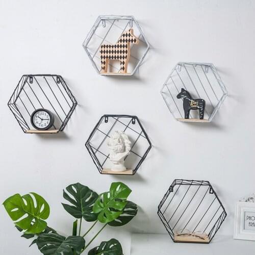 Hexagon Iron Wooden Wall Shelf Shadow Box Display Rack Shelf Storage Unit for Home Bedroom Storage Holders & Racks Decor