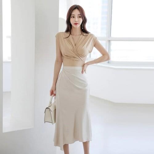 Streetwear Retro Short Sleeve Bodycon Tops Sexy Women Work Style High Waist Midi Skirt Casual Criss-Cross Blouse Two Pieces Set