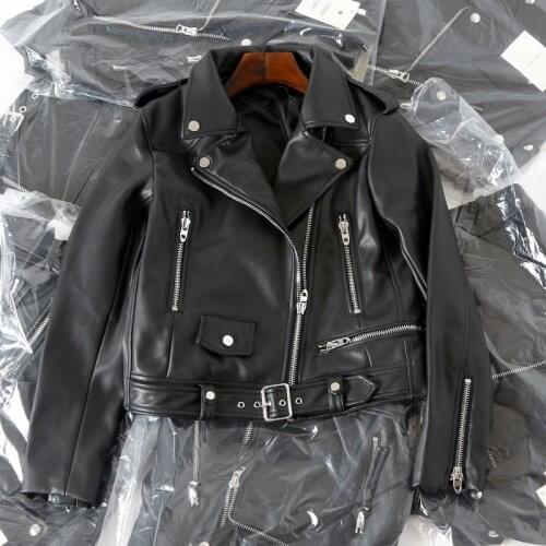 2020 New Spring Autumn Women Pu Leather Jacket Woman Zipper Belt Short Coat Female Black Punk Bomber Faux Leather Outwear b411