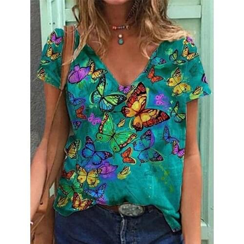 Womens Summer Fashion Butterfly Printed Short Sleeve Graphic T Shirts Cotton Plus Size Tops XS-5XL
