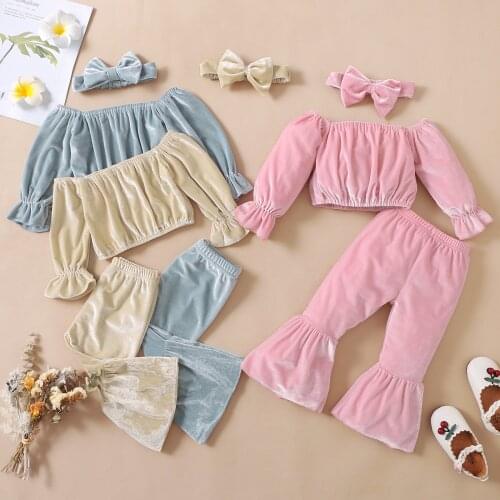 Girls Casual Three-piece Clothes Set Solid Color Long Sleeve Off Shoulder Top+Headdress and Flared Pants Outfit 1-5Y