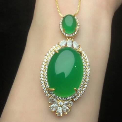 Gold Color 925 Sterling Silver Necklaces For Women Chinese Green Jade Emerald Choker Long Pendants Necklaces Gemstone Jewelry