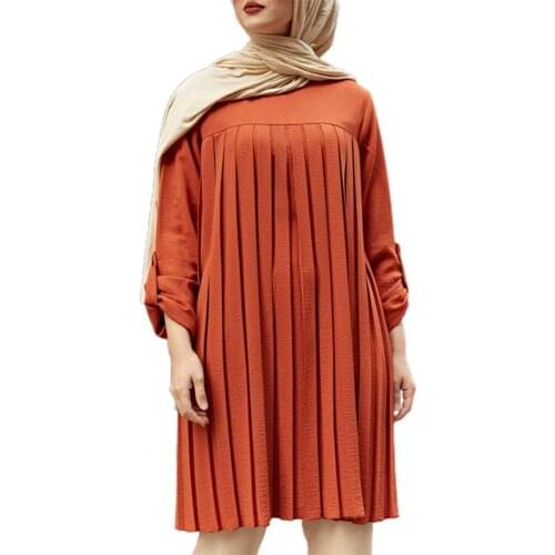 Plus Size Women Blouse Dress Muslim Long Sleeve Loose O Neck Solid Color Pleated Autumn Winter Blouse Mini Dress