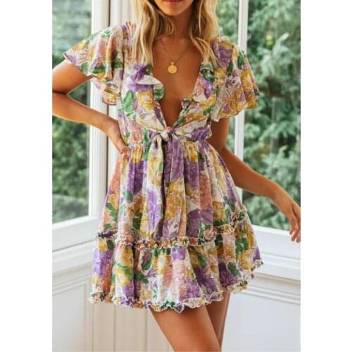 2020 Summer Floral Beach Dress for Women Boho Deep V Lace-up Mini Dress Holiday Ladies Ruffles Ruched Flowers Dress