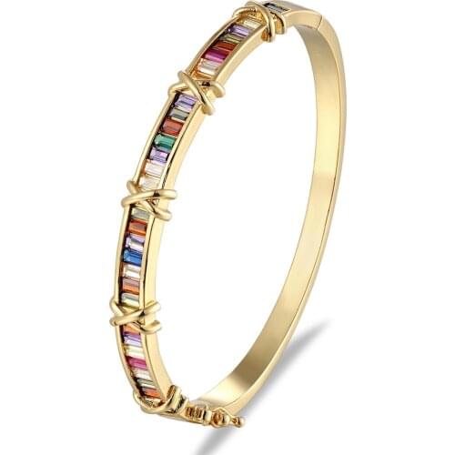 2020 New Fashion Charm Clip-on Buckle Rainbow Bangle Cubic Zirconia Crystal Copper Wristband Cuff Bracelet For Women Jewelry