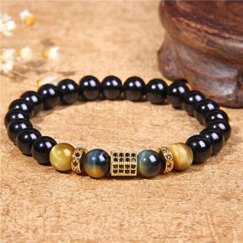Silver color Gold Charms beads Bracelet Men Pave Setting Black Natural Tiger Eye Stone Beads Bracelets&Bangles for men jewelry